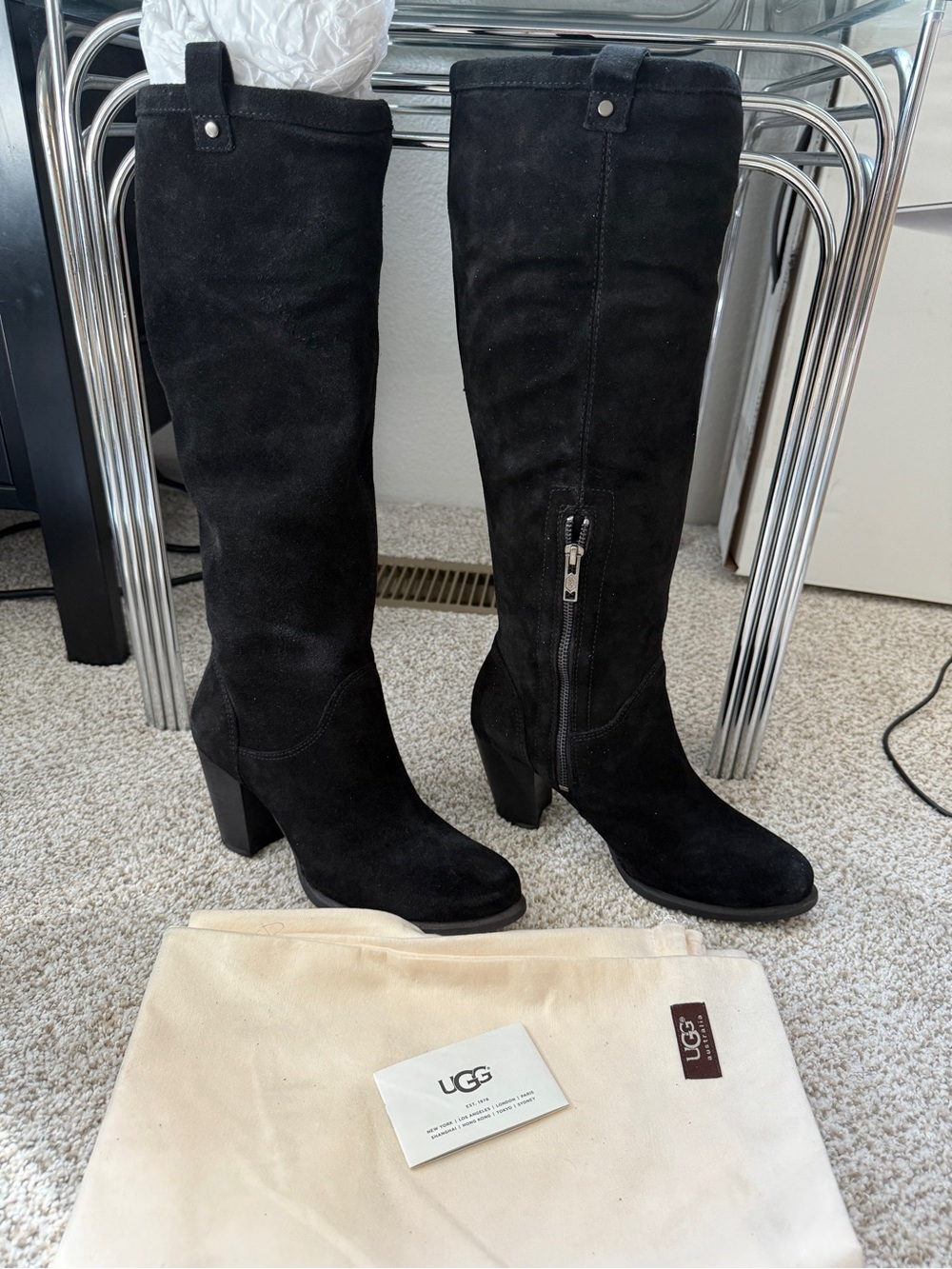 New in Box UGG Women's Ava Black Suede Knee-High Block Heel Boots Sz 8